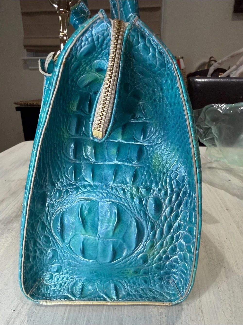 Brahmin Small Caroline Turquoise to Cream Ombre Croc-Embossed Crossbody Satchel